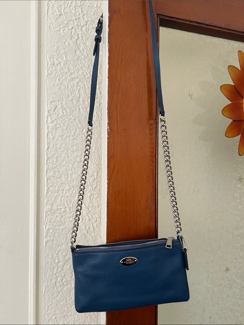 Coach Blue Pebbled Leather Crossbody with Silver Chain